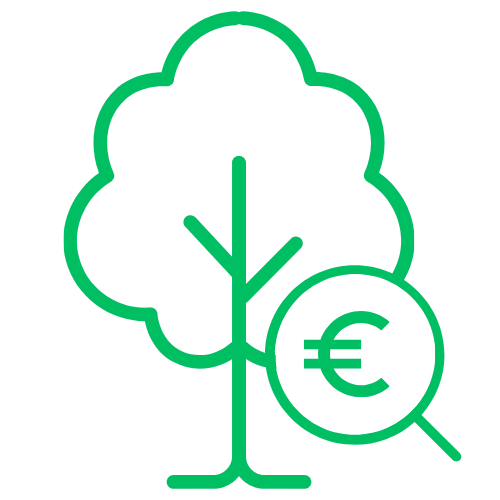 Koka ikona ar eiro valūtas simbolu palielināmā stikla iekšpusē