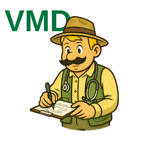 Karikatūra meža dakteris ar ūsām, kas valkā brūnu cepuri, dzeltenu kreklu un zaļu vesti, tur pildspalvu un raksta piezīmju bloknotā dokumentus priekš valsts meža dienesta.