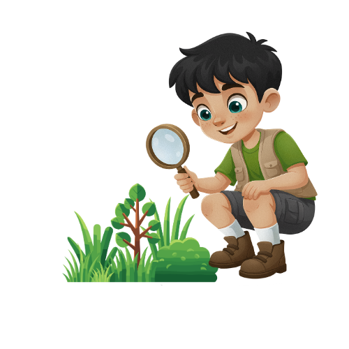 Jaunais pētnieks, bērns ar lupu pētot jauno kociņu augšanu dabā.