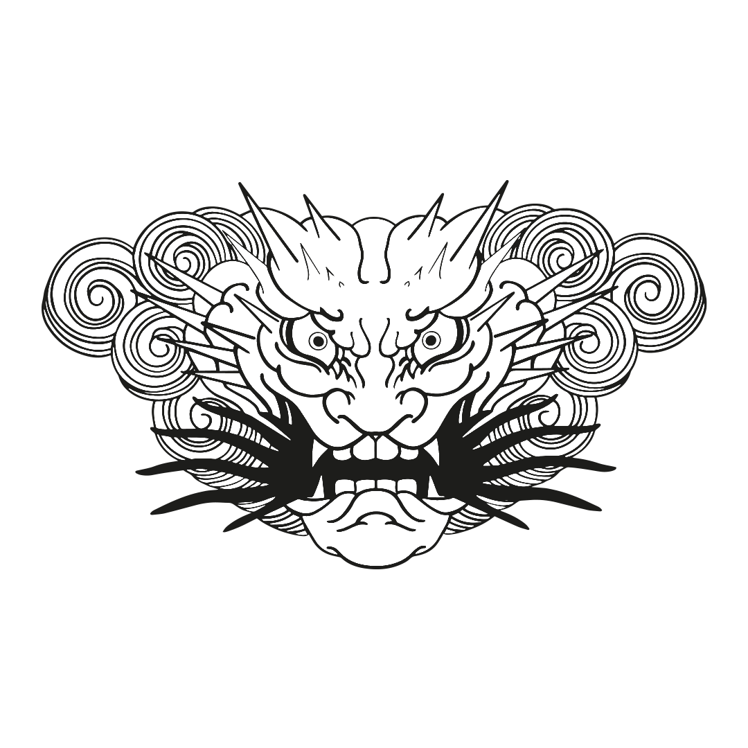 Illustration d'un visage de dragon stylisé avec des détails en lignes, évoquant un tatouage ou une œuvre artistique.