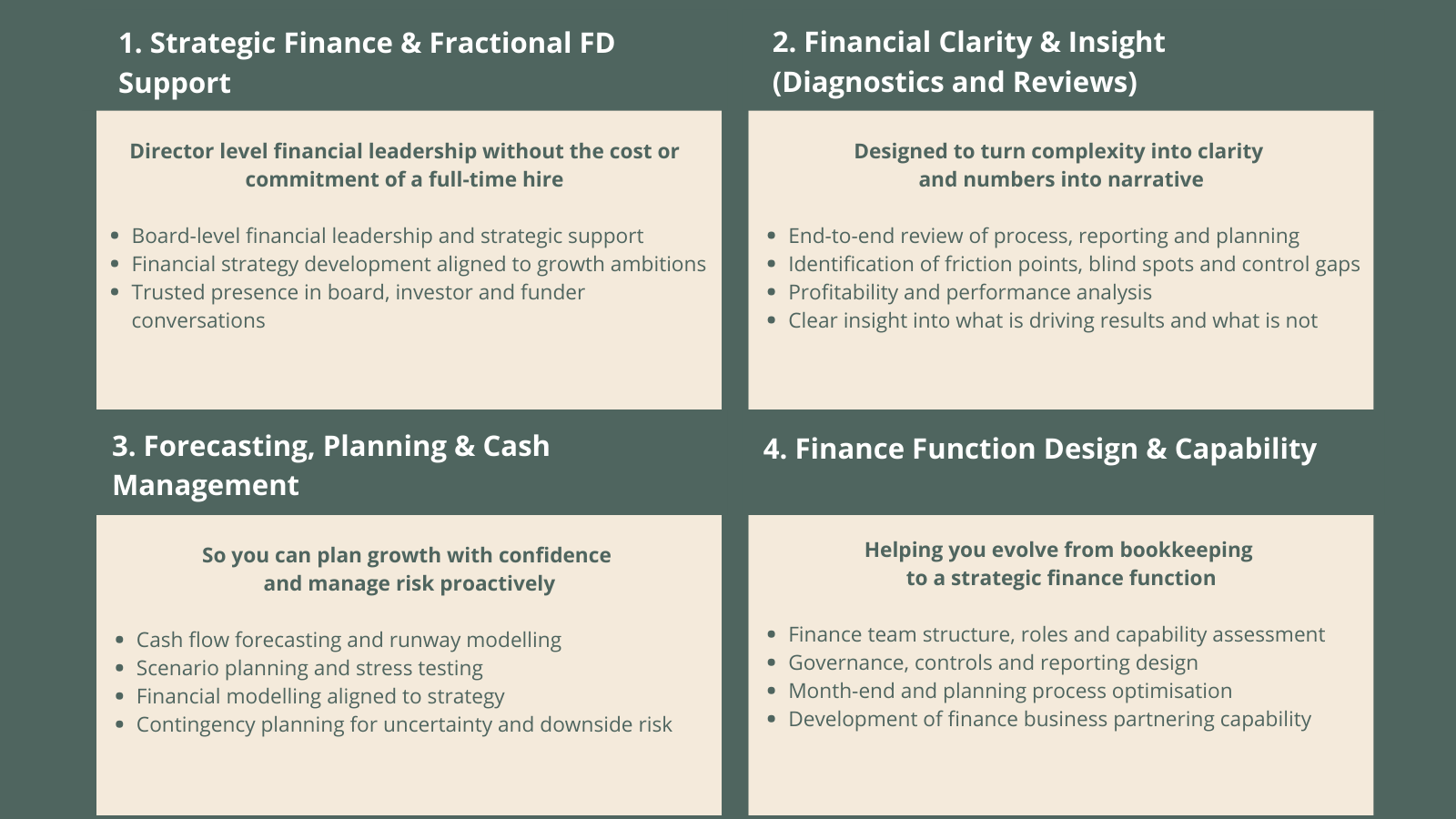A chart divided into four sections outlining key aspects of financial support and strategy, including support for strategic finance, financial clarity, forecasting and cash management, and finance function design and capability.
