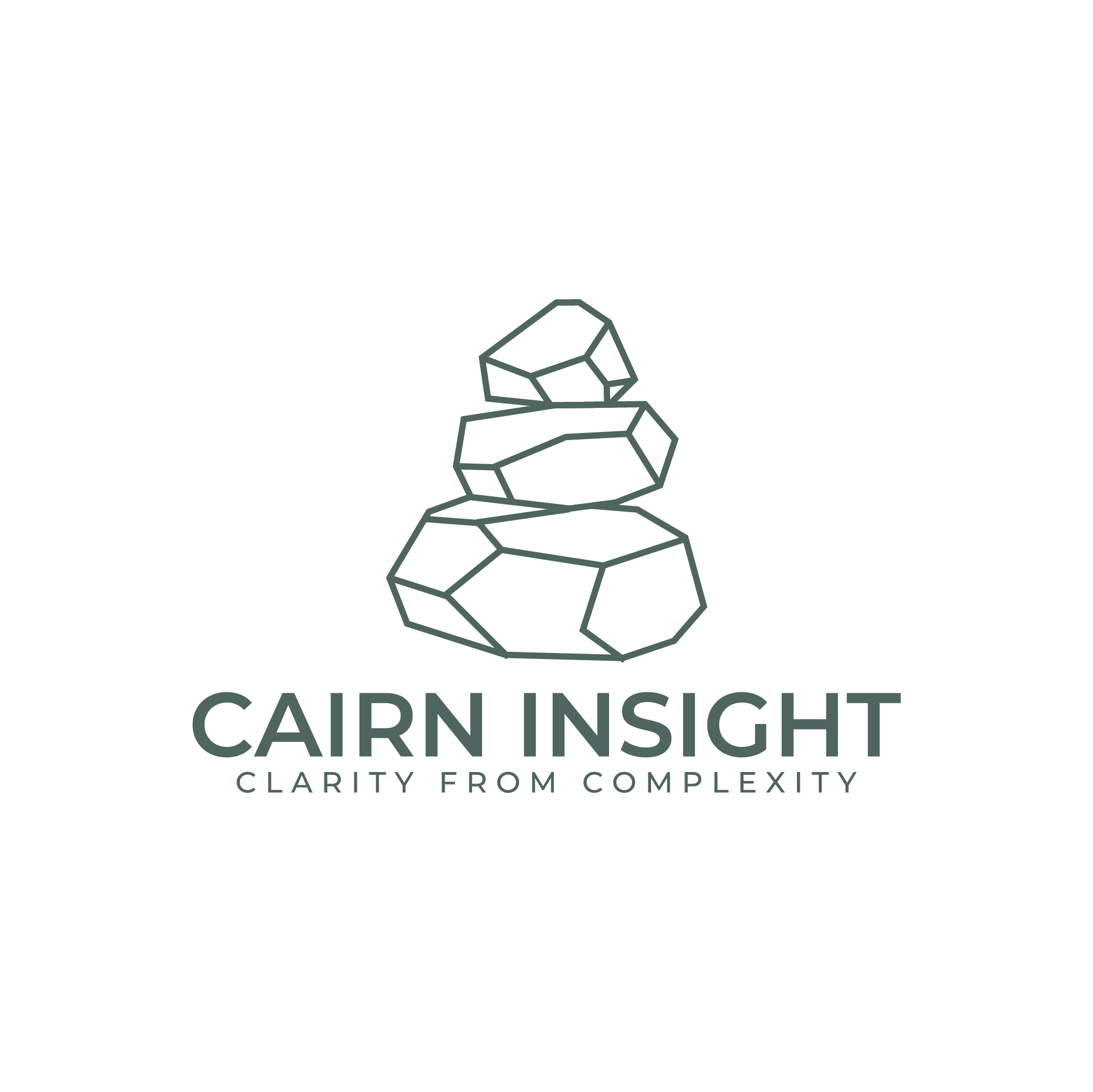 Logo featuring a minimalist line art drawing of a cairn made of three stacked rocks, with the text 'CAIRN INSIGHT' and the tagline 'CLARITY FROM COMPLEXITY' below.