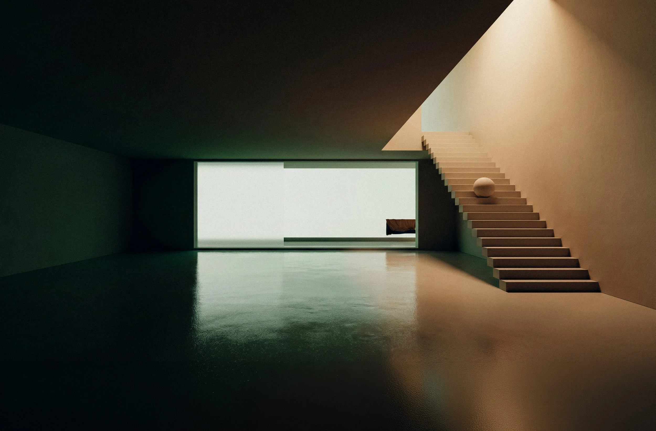 Minimalist interior with dark green ceiling, beige walls, a staircase leading to an upper level, a large rectangular window, and a bed in the background.