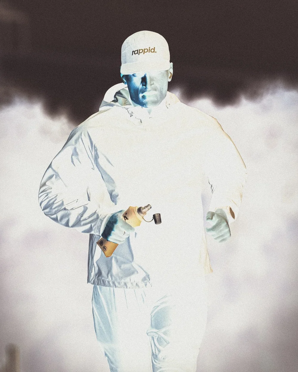 A runner in a pale jacket and rappid. cap lit by a flash against fog and darkness, carrying a soft flask