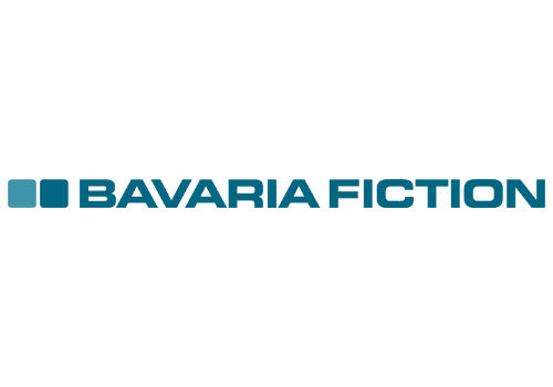 Bavaria Fiction Logo in Blau auf schwarzem Hintergrund.