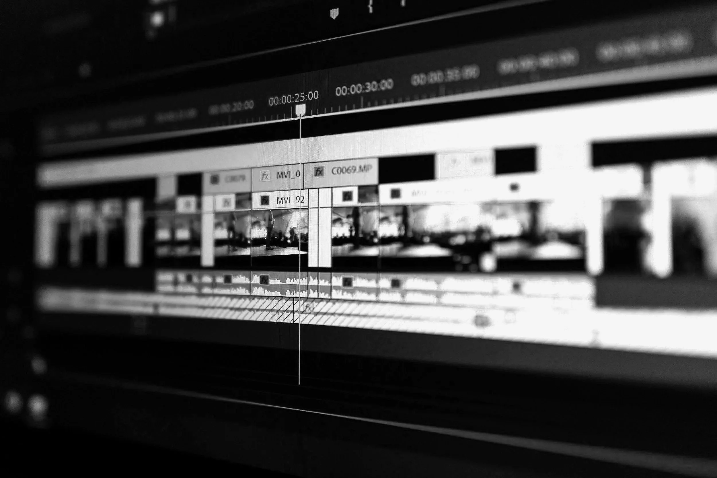 Schwarzer Bildschirm mit einer Videobearbeitungssoftware, die mehrere Zeitleisten und Videoclips zeigt.