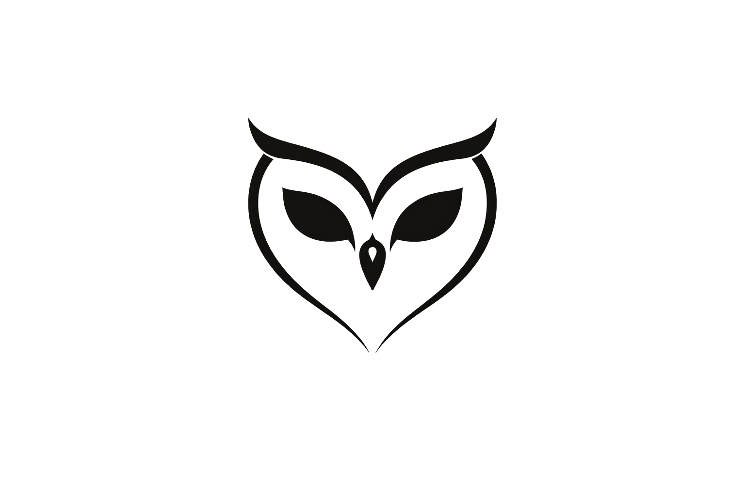 A black and white logo featuring an owl's face integrated with a heart shape, leaves, and stylized wings.
