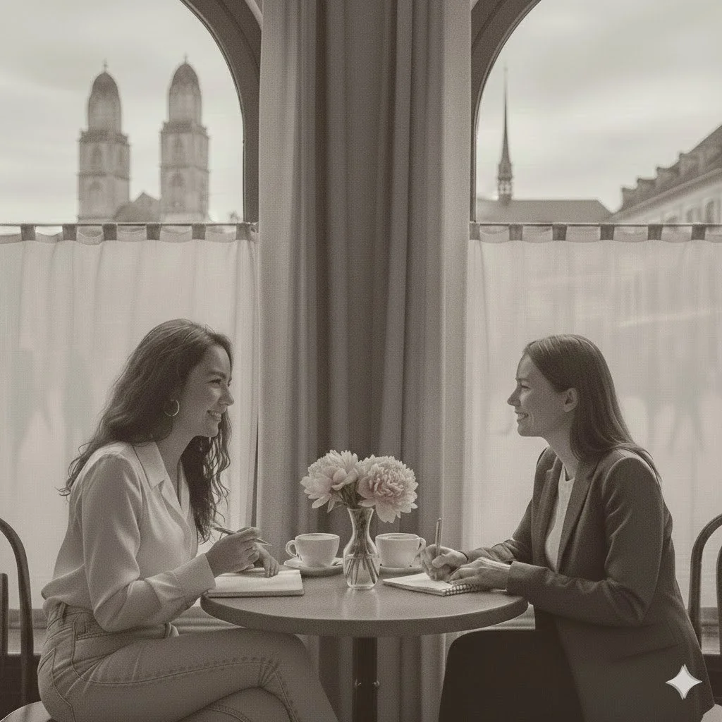Two women sitting at a round table engaged in conversation, with notebooks, pens, and cups, and a vase of flowers in front of them, inside a cafe with windows and city buildings in the background.