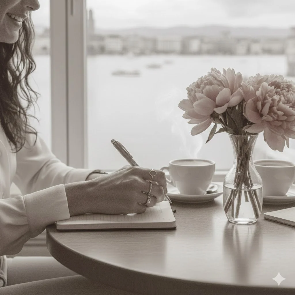A woman smiling and writing in a notebook at a round table by a window with a view of boats on water. The table has a vase of flowers and two cups of coffee.