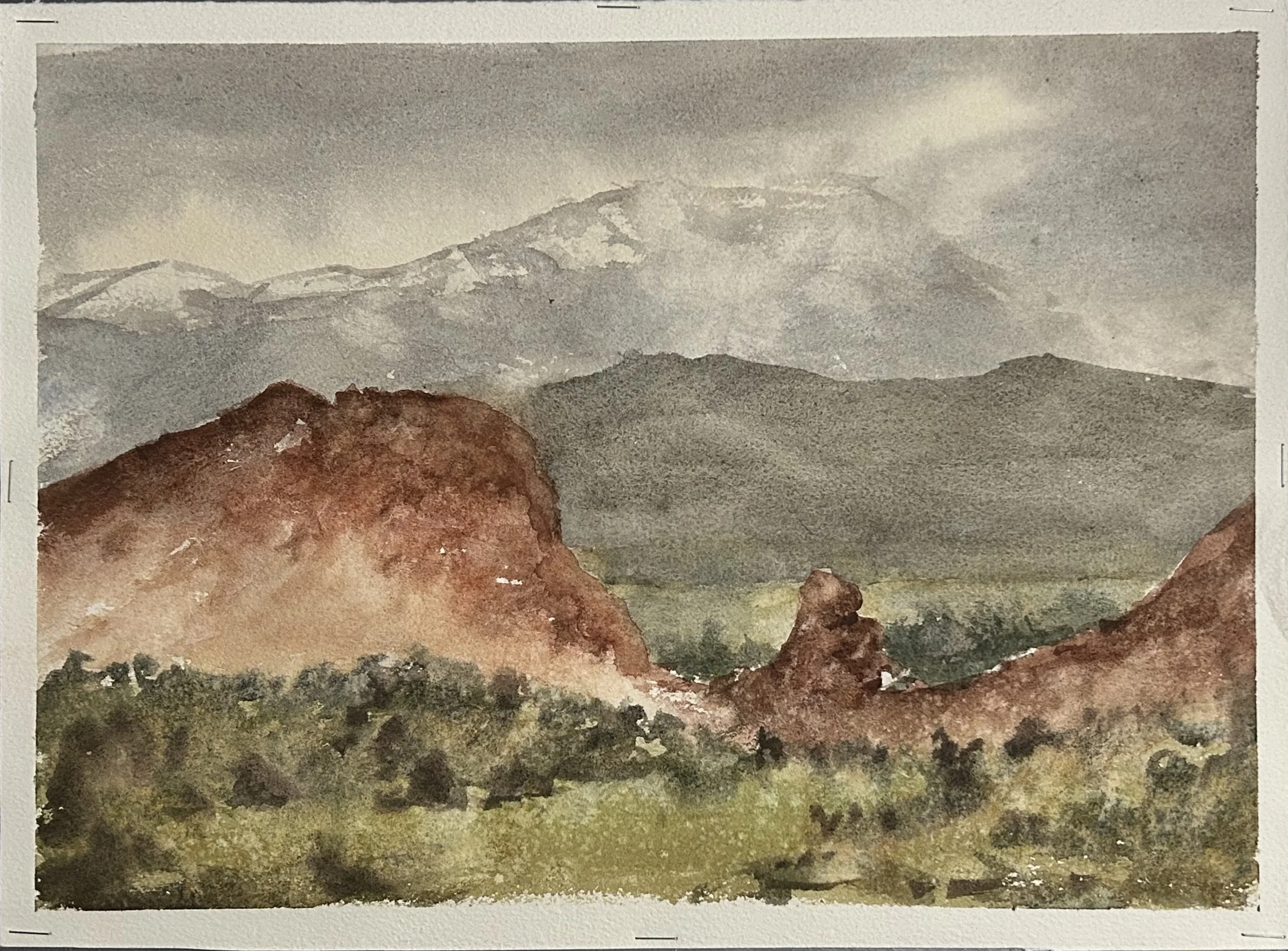 ‘Enter:  Garden of the gods’. Watercolor on paper. Approx 11x14. 2026