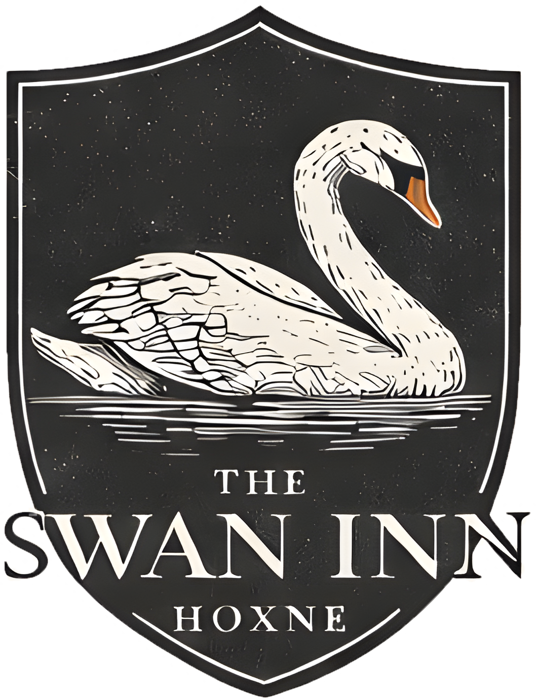 A black and white illustration of a swan on water within a shield-shaped frame, with the text 'The Swan Inn Hoxne' at the bottom.