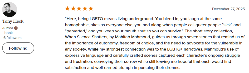 Book review for 'When Silence Shatters' by Mahitab Mahmoud, including a five-star rating, published date December 27, 2025, with a photo of the author.