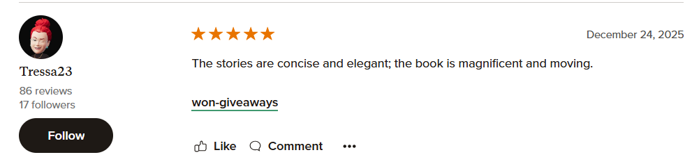 A user review section featuring a profile picture of a woman with red hair, user name Tressa23, 86 reviews, 17 followers, a five-star rating, a review date of December 24, 2025, and a review comment praising a book for being concise, elegant, magnificent, and moving, along with options to follow, like, comment, and more.