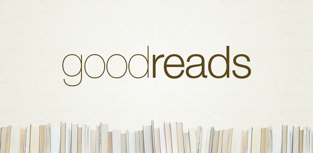 The word 'goodreads' written over a background of bookshelves with books.