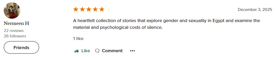 Screenshot of a review on a website showing four orange stars, the review date December 3, 2025, and a review that describes a collection of stories exploring gender and sexuality in Egypt.