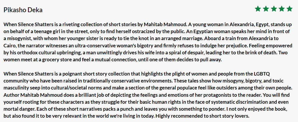 Book description for 'When Silence Shatters' by Pikasho Deka, discussing short stories about women's plight and LGBTQ issues in Egypt and Egypt's society.