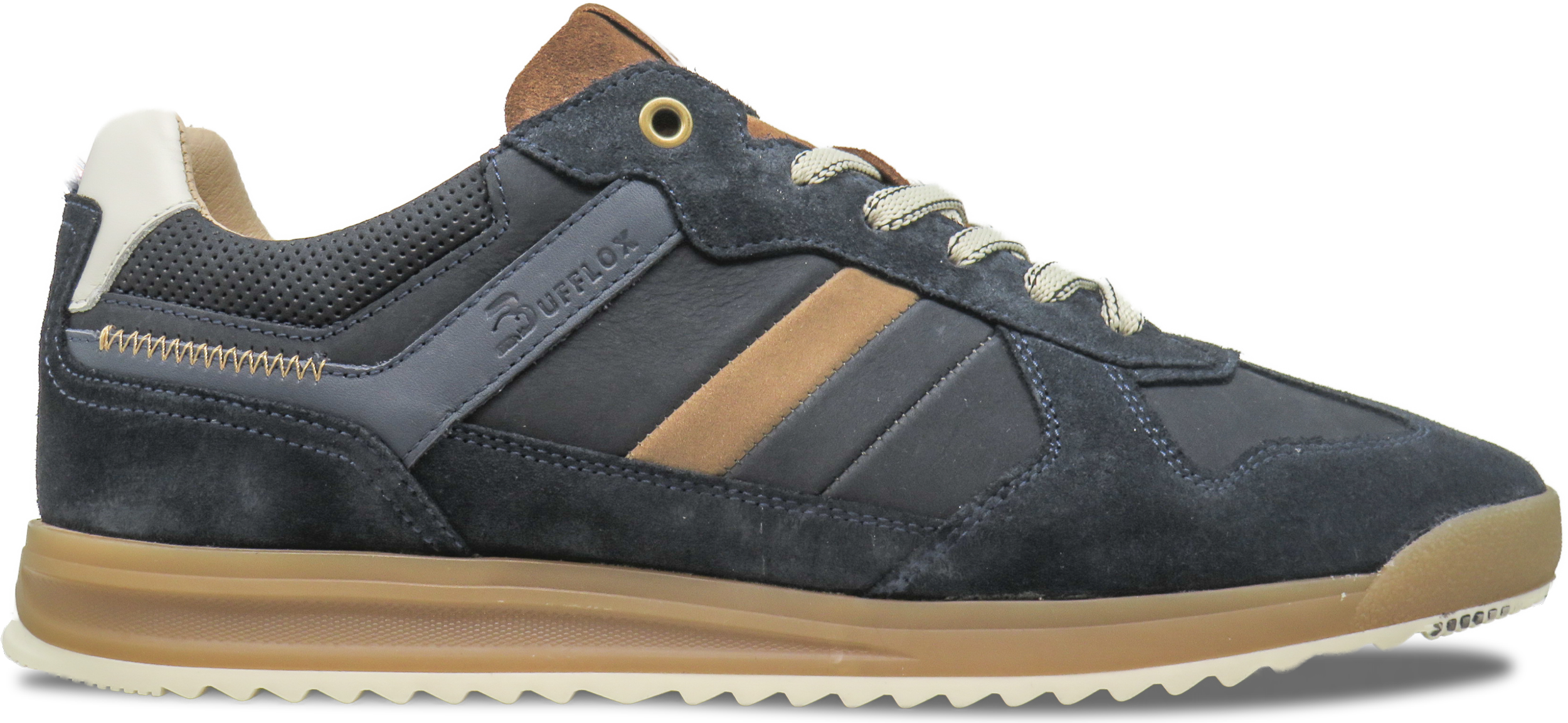 A men's sneaker with black suede, leather, and tan accents, featuring a beige sole and laces.