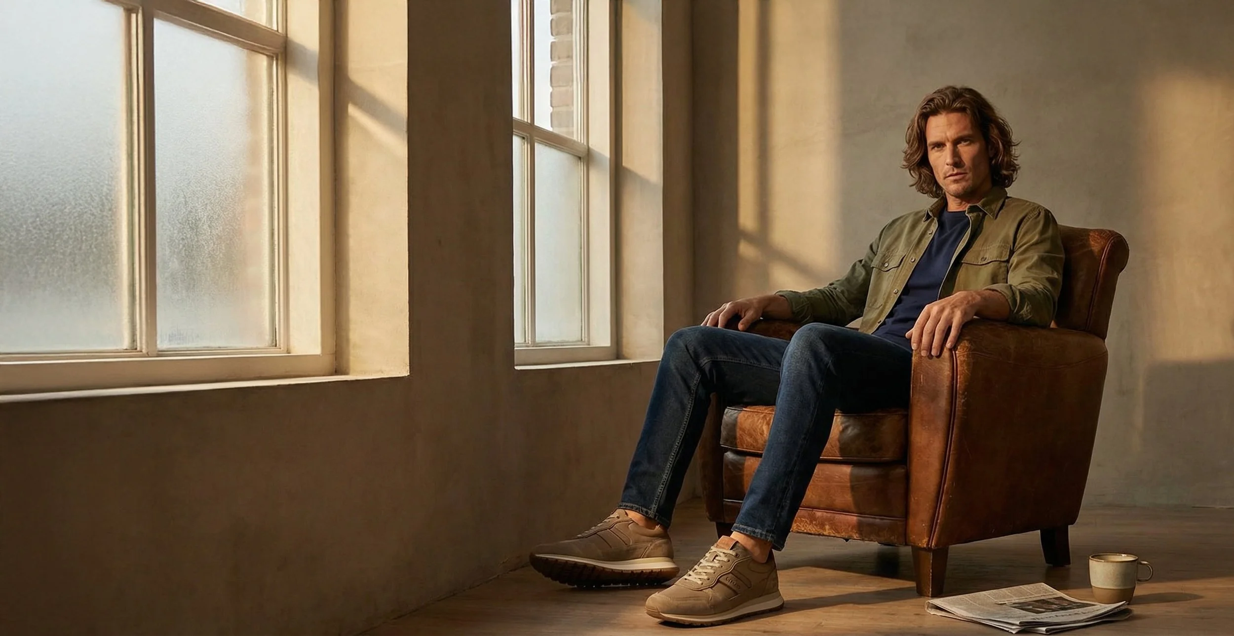 A man with wavy brown hair sits in a brown leather armchair near a window with frosted glass, sunlight casting shadows on the wall behind him. He is wearing a green jacket, dark T-shirt, jeans, and beige sneakers. A mug, newspaper, and other items are on the floor beside him.