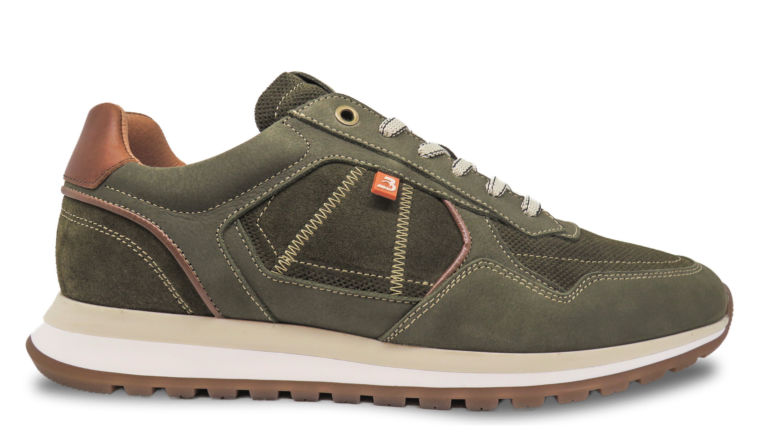 Green and brown athletic sneaker with white sole and laces.