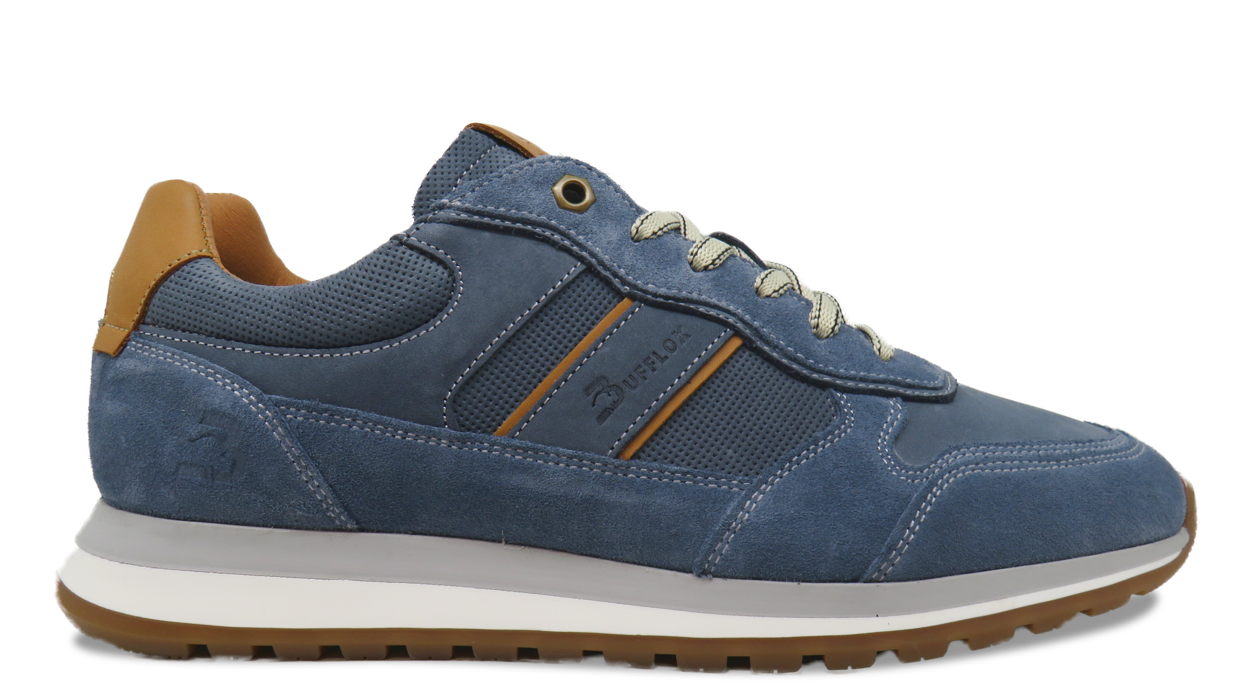Blue casual sneaker with tan heel detail and white sole, featuring brand logo on side and yellow stripe