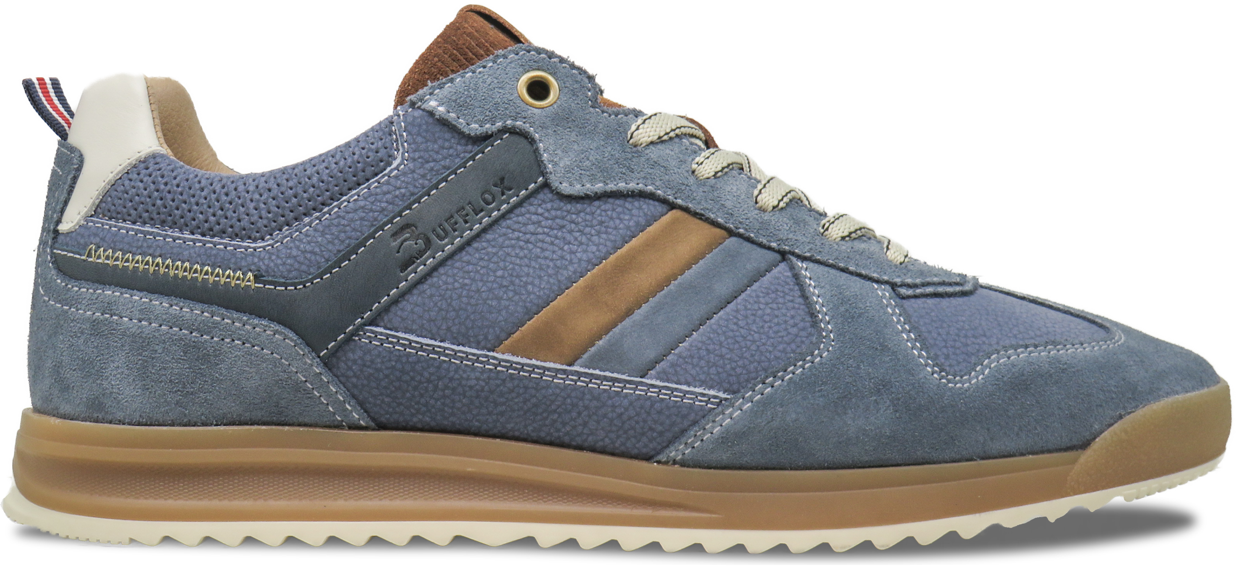 A blue casual sneaker with black, brown, and cream accents, featuring the Buffalo brand logo and a gum sole.