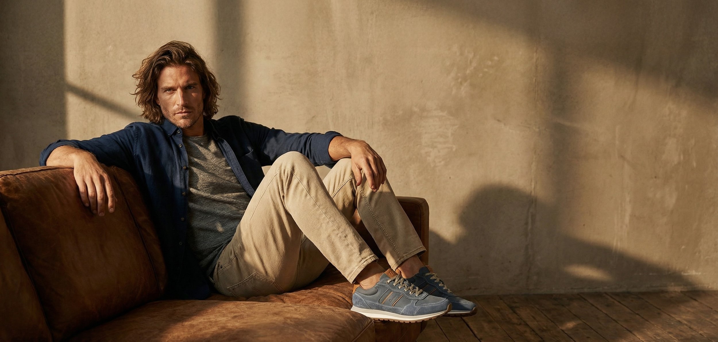 A man with long hair sitting on a brown leather couch against a beige wall, wearing a dark blue shirt, gray t-shirt, beige pants, and blue sneakers.