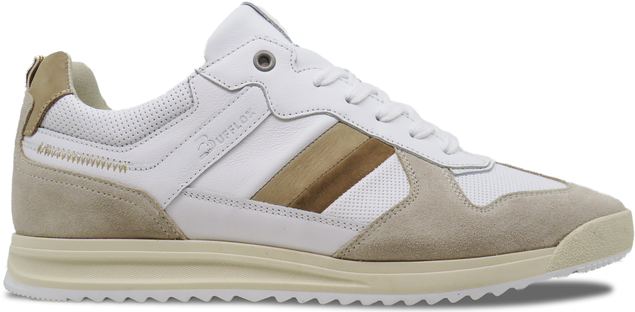 A white and beige sneaker with suede and mesh details, featuring a beige stripe on the side and a textured sole.