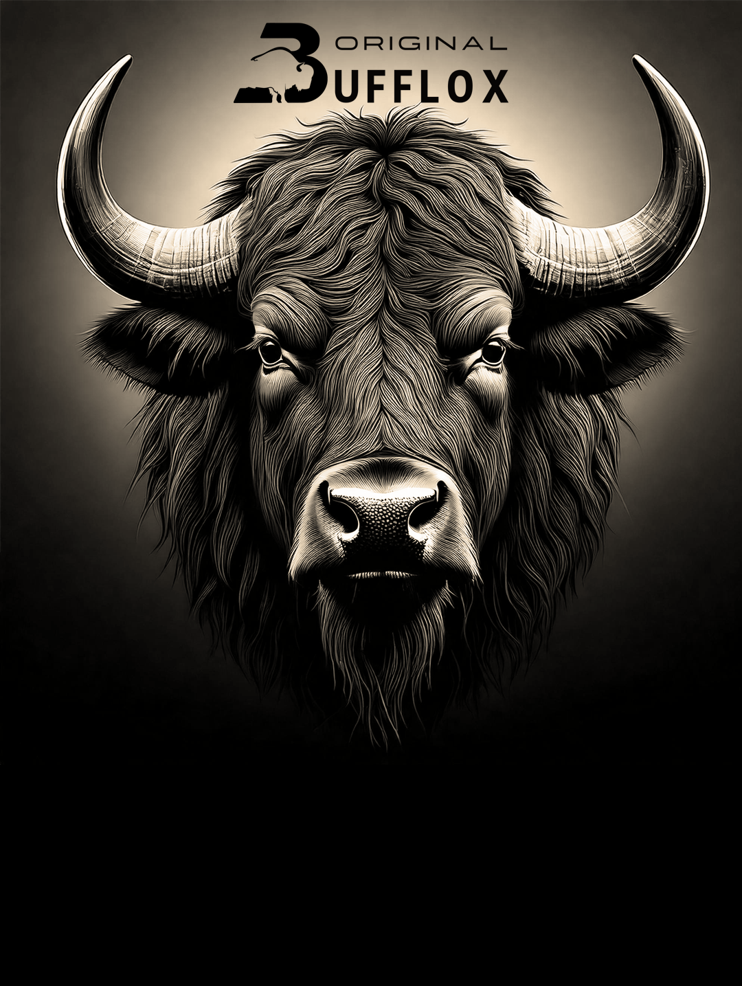 A black and white illustration of a bison's face with detailed fur and horns, with text "3 Original Bufflox" above.