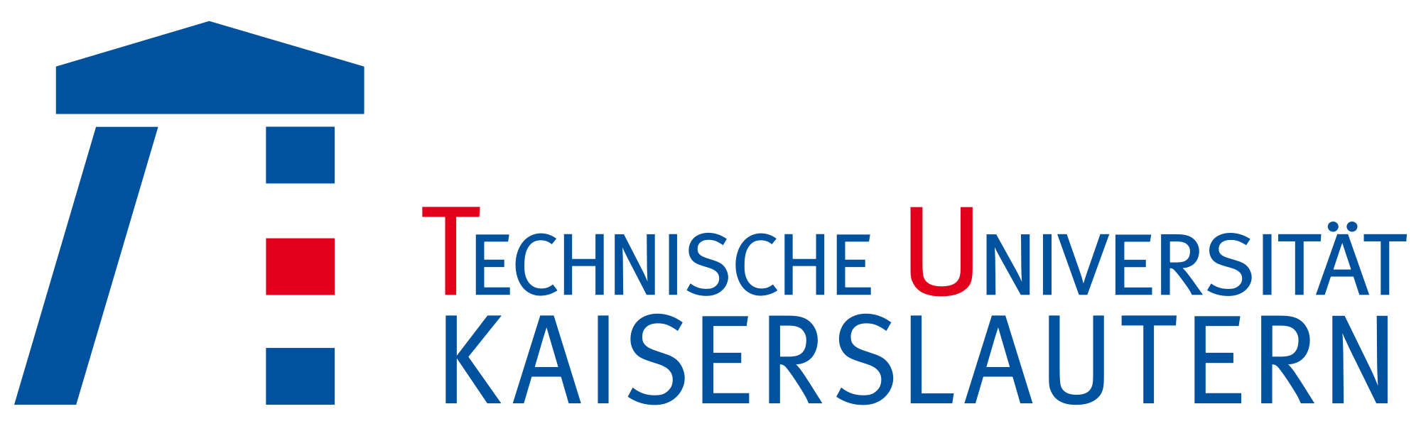 Logo der Technischen Universität Kaiserslautern, bestehend aus einem blauen T-förmigen Symbol, dem Namen der Universität in blauer und roter Schrift auf Schwarz.