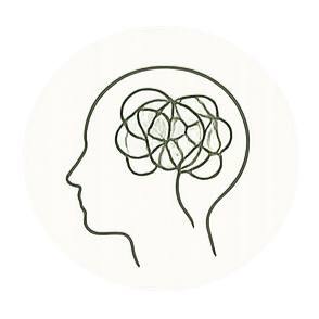 Illustration of a human head profile with a tangled, scribbled brain inside.