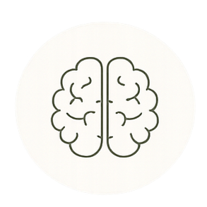 A simple line drawing of a human brain in the center of a white circle.