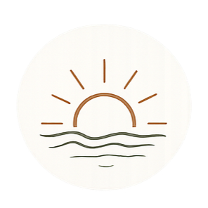 Stylized illustration of a sunrise over water with a semi-circle sun and rays, in minimalistic lines and neutral colors.