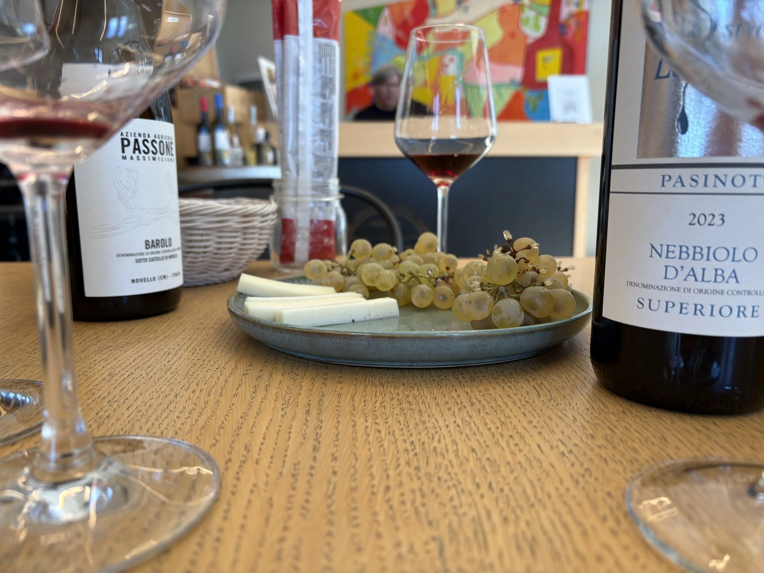 wine tastings at the cantina communale in Novello have great, local, small producer wines to try as part of your tasting that comes with local cheese, grapes, and breadsticks.