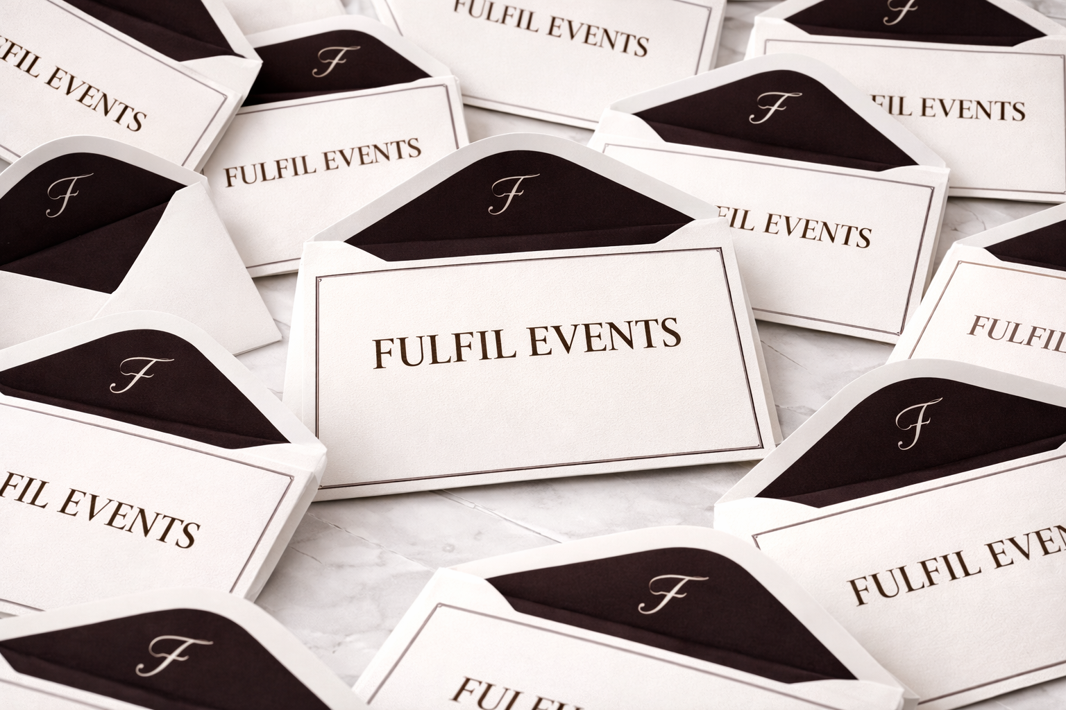 Multiple white cards with black and brown text that read "FULFIL EVENTS", some of which are partially inside white envelopes.