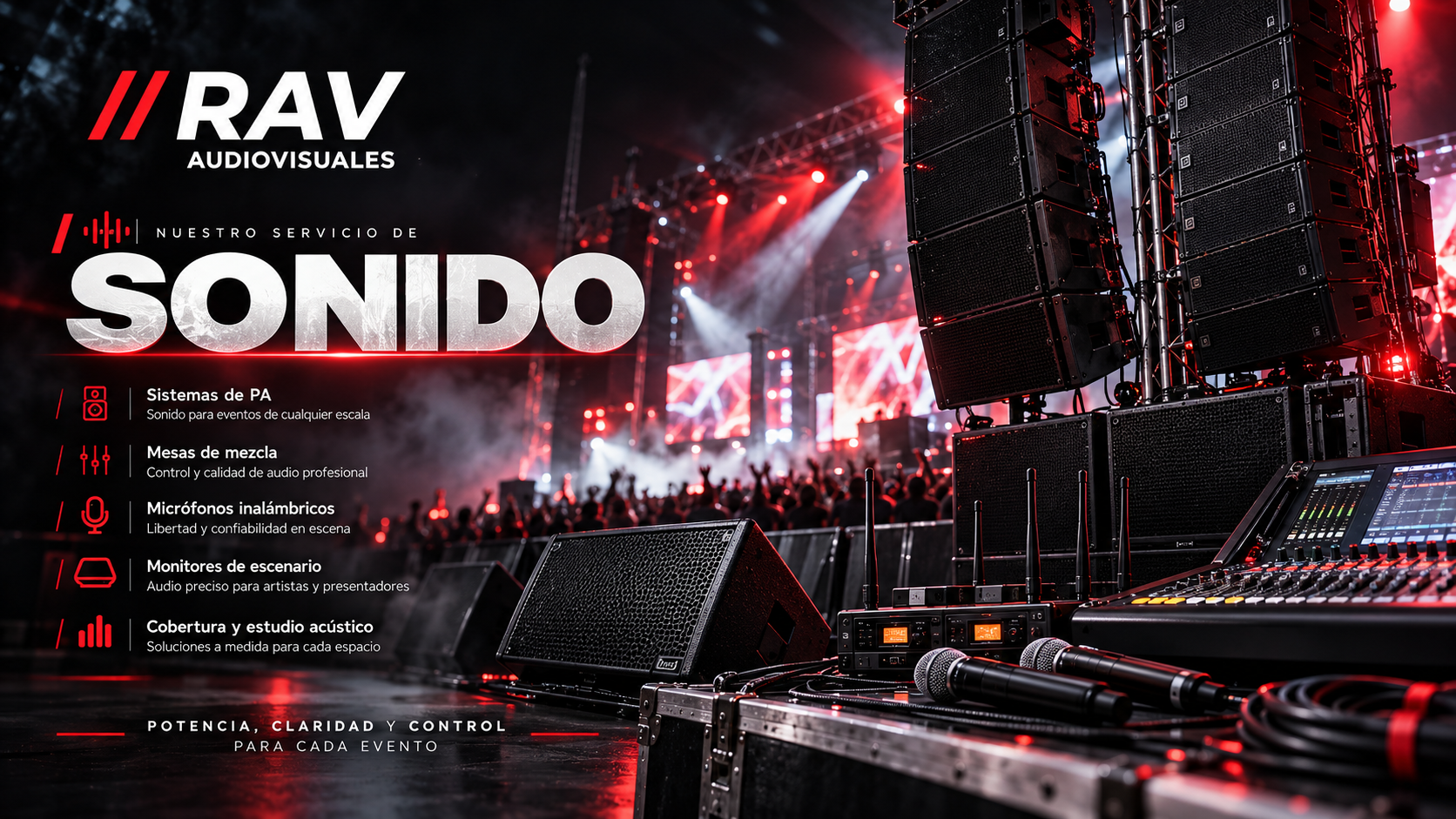 Gráfico de RAV Audiovisuales sobre sonido profesional para eventos