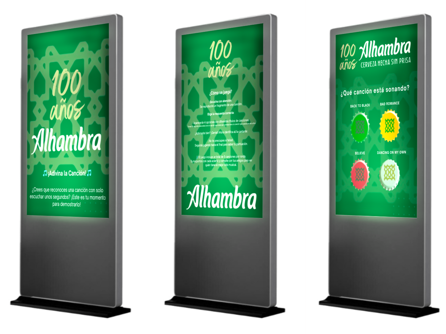 Toten digital e interactivo con juego patrocinado por la cerveza Alhambra, con texto y preguntas para reconocer canciones.
