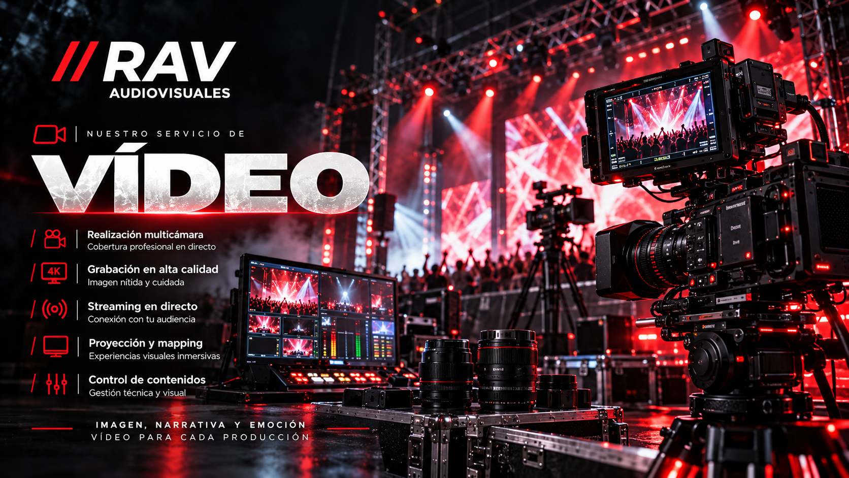 Gráfico de RAV Audiovisuales sobre vídeo y realización multicámara para eventos