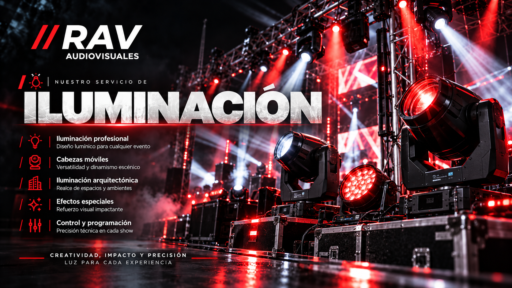Gráfico de RAV Audiovisuales sobre iluminación profesional para eventos