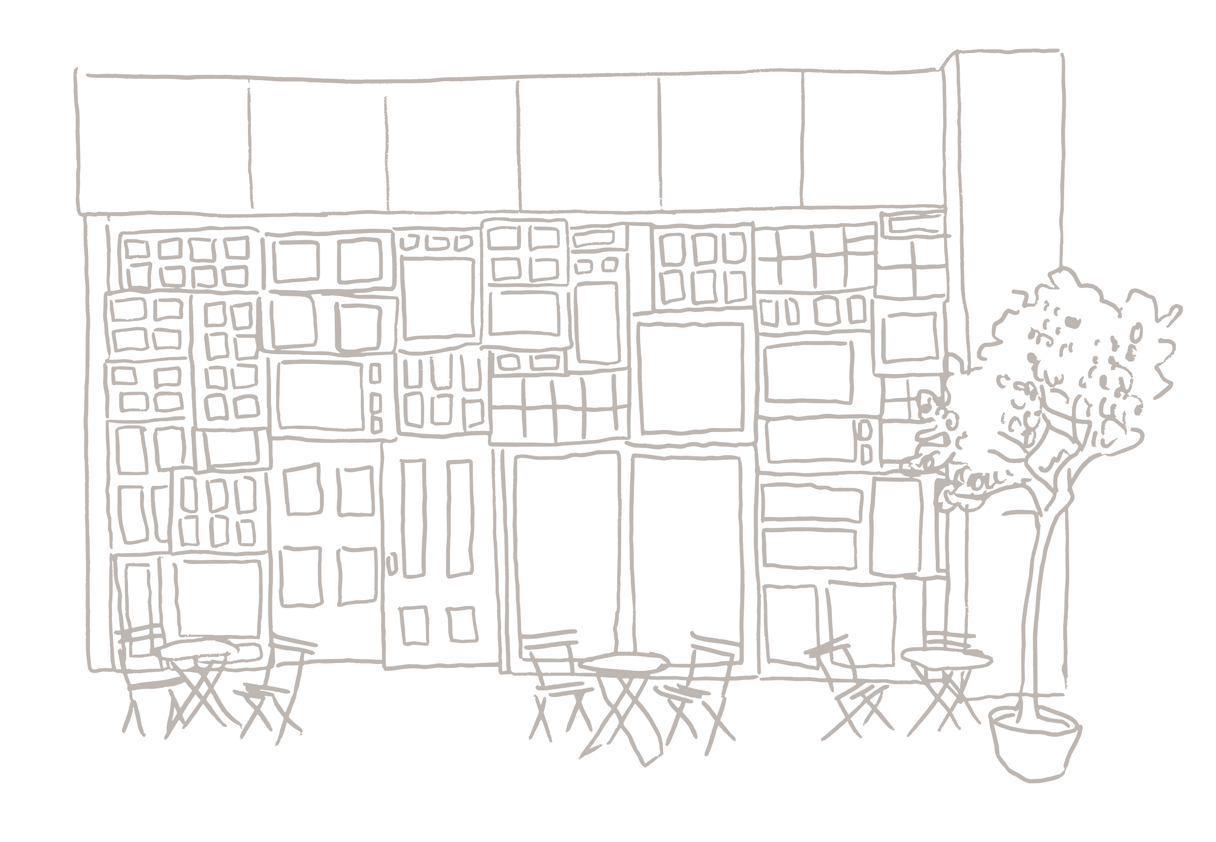 Line illustration of events space and café Nostra and Monella (previously Hatch) located in Homerton, Hackney in East London