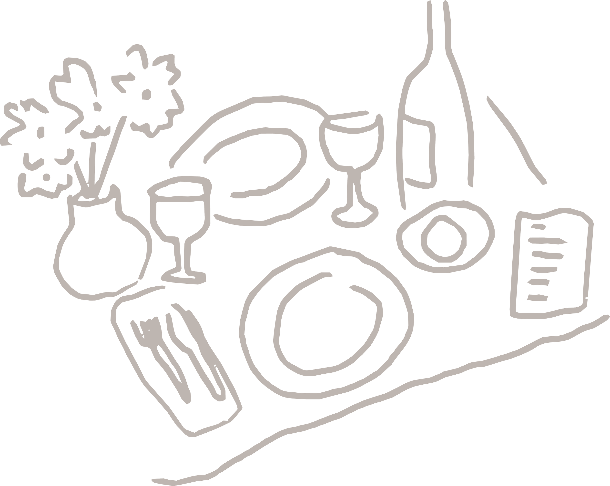 Drawing of a dinner setting with wine, aperitivo and small plates