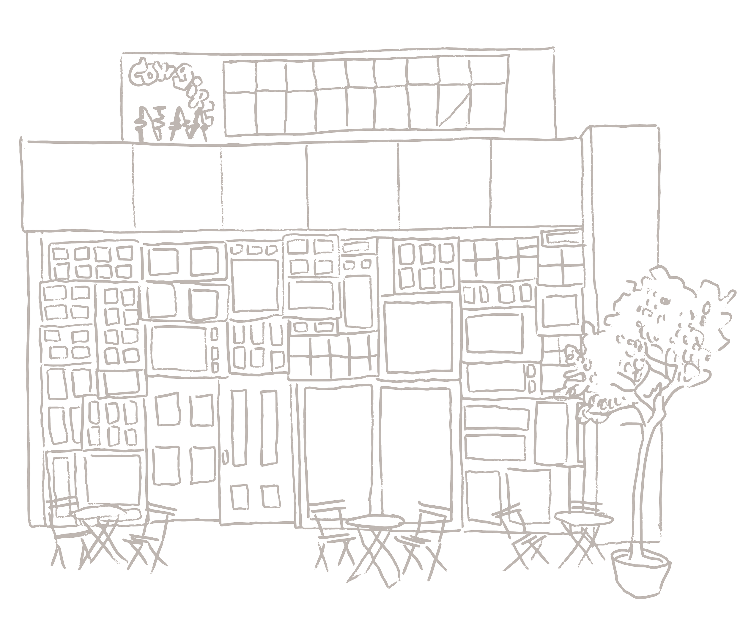 White line drawing of Nostra and Monella (previously Hatch) with outdoor seating area with chairs.