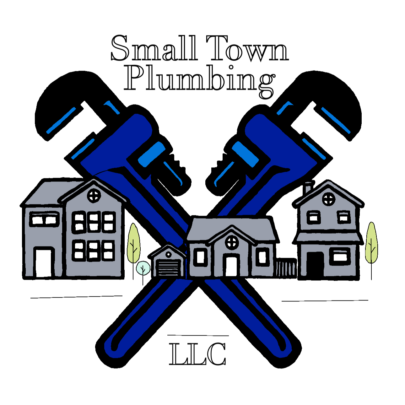 Logo for Small Town Plumbing LLC featuring two crossed blue wrenches, and small gray houses with trees in the background.