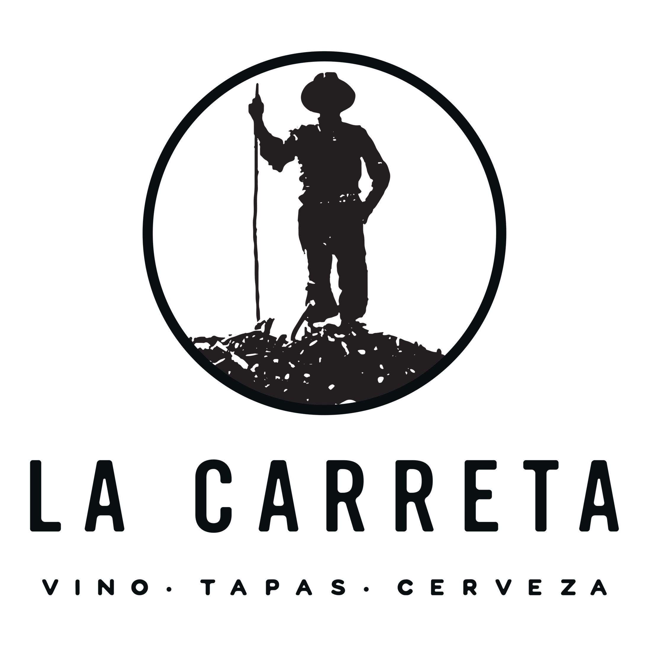 Silhouette of a person wearing a hat, holding a staff, with text 'VINO. TAPAS. SERVEZA' at the bottom.