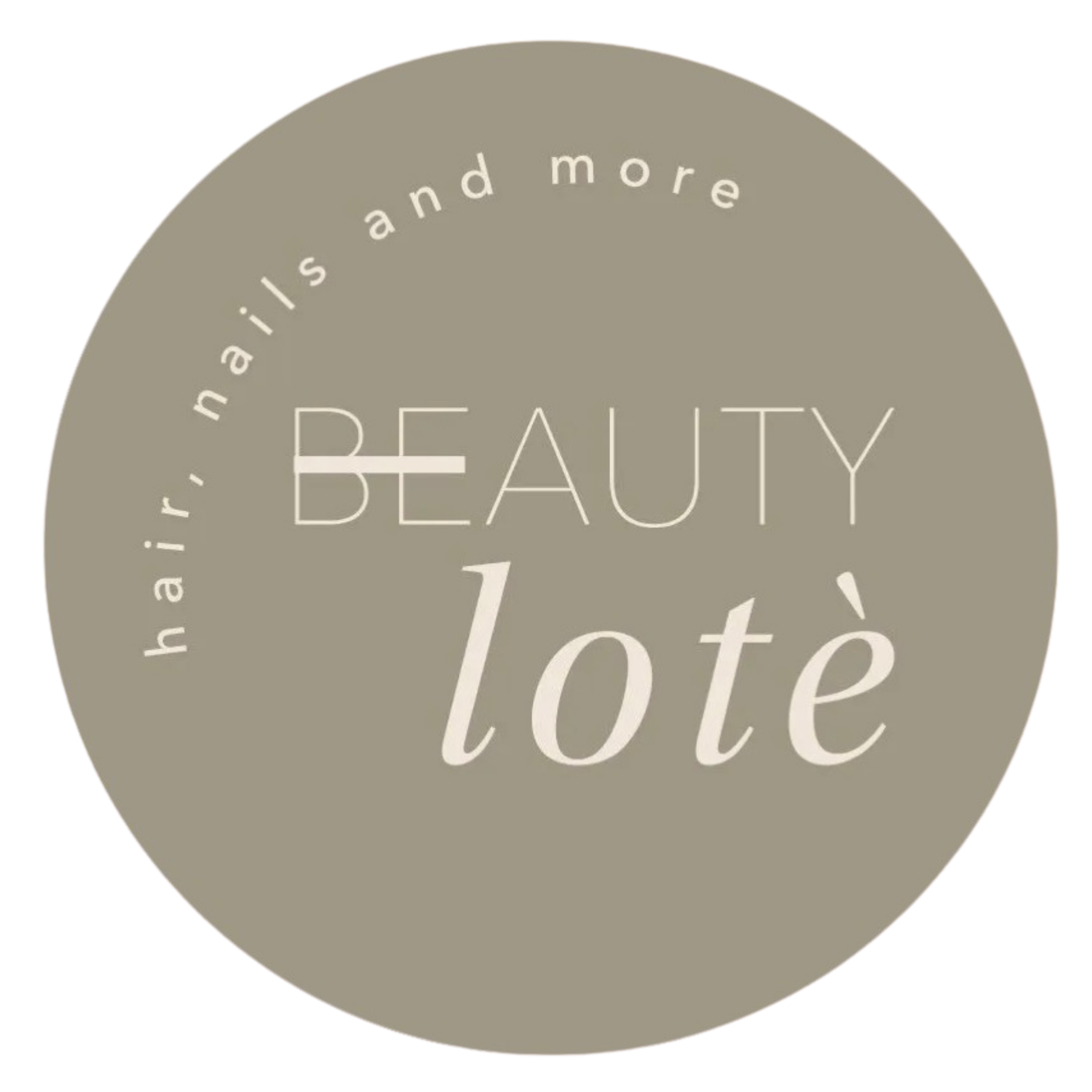 Text on a circular beige background that reads 'nails and more' and 'BEAUTY' in large letters.