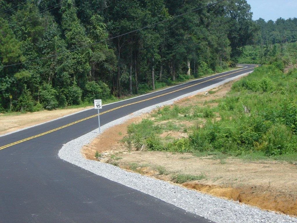 A newly paved, winding two-lane road with a speed limit sign of 15 mph, surrounded by greenery and trees on one side and a grassy, slightly cleared area on the other.