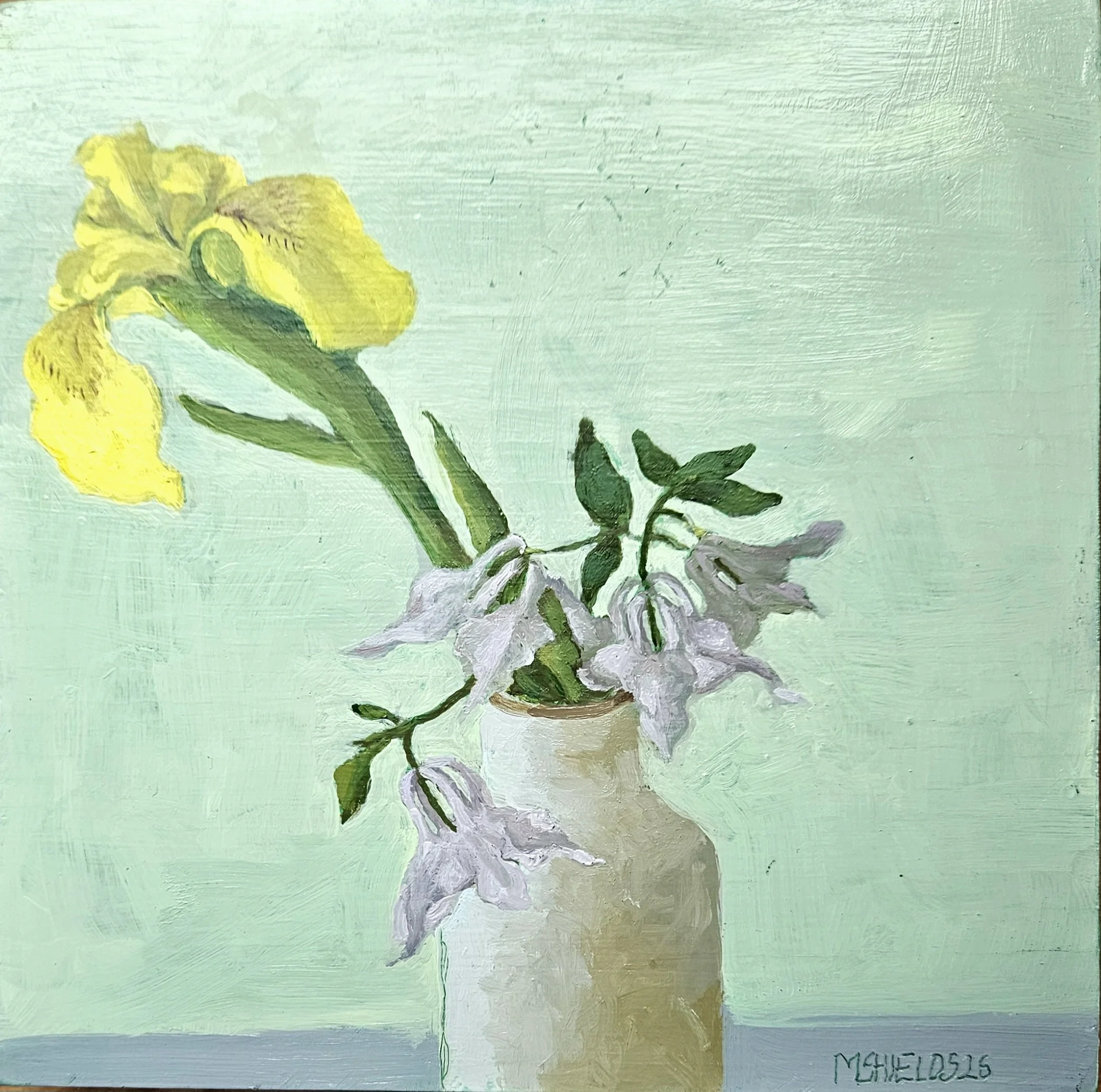 Iris and Columbine, oil on panel,  8 x 8"