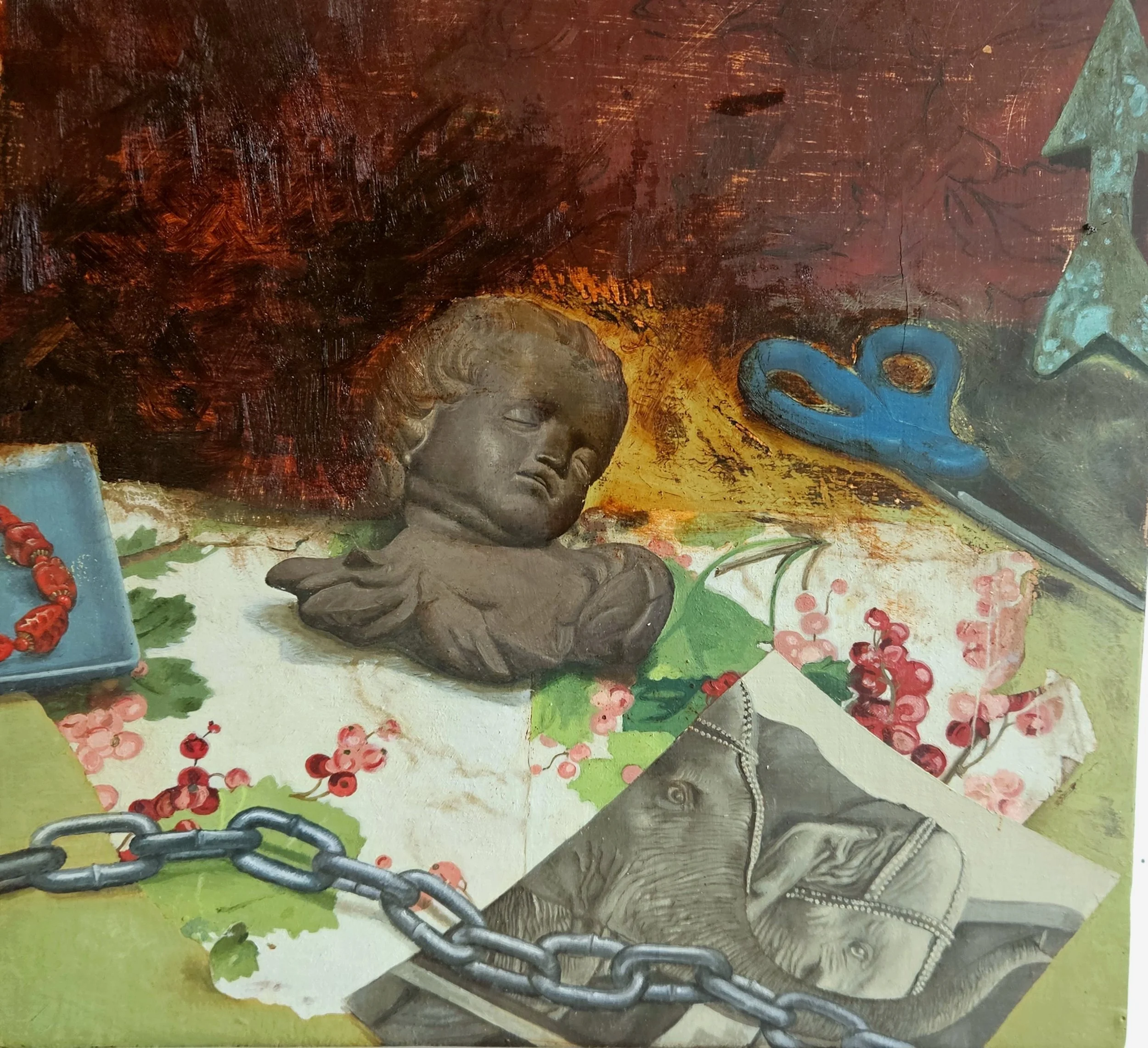 Ceramic angel, elephants, old wallpaper, oil on panel, 11.5 x 11.5", 2007