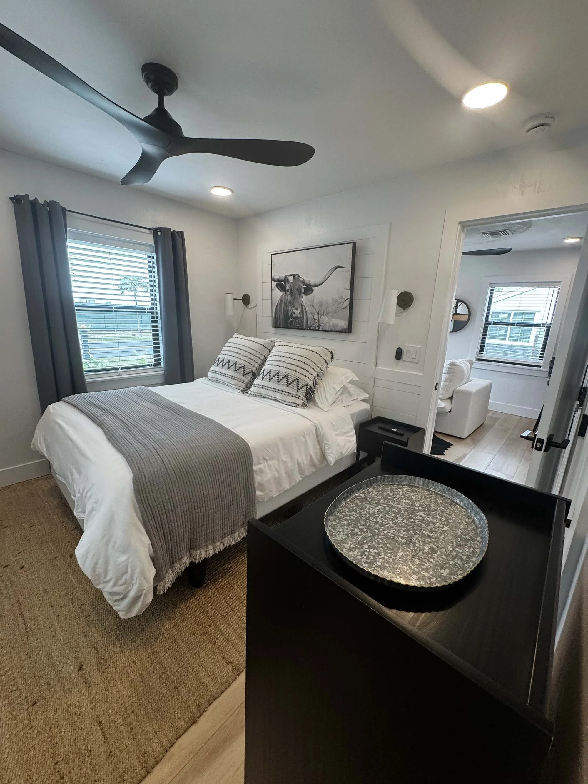 Quiet bedroom with queen sized bed at Black Brindle Bungalow