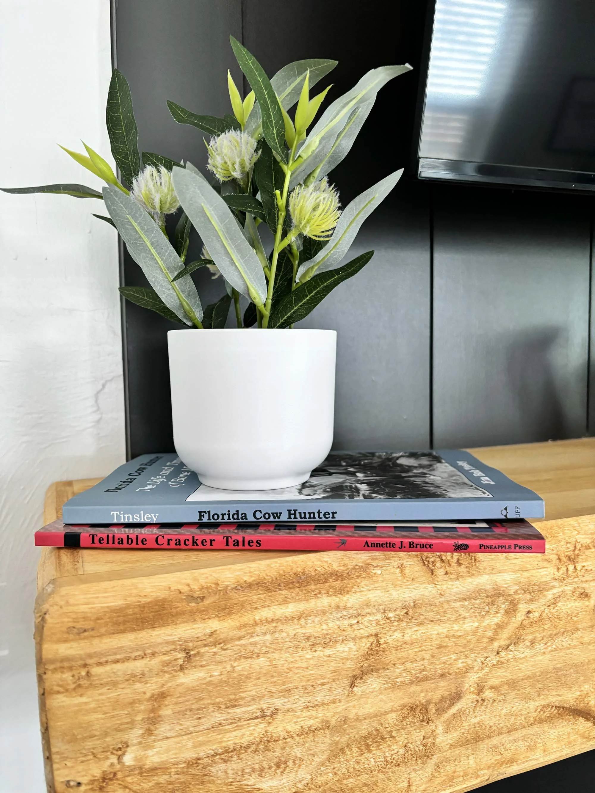 A white pot with green leaves and yellowish flower buds placed on two books, one titled 'Florida Cow Hunter' and the other 'Telltale Cracker Tales,' on a wooden surface against a black wall and a television.