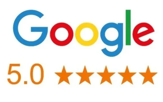 Google logo with a 5.0 rating and five orange stars below it.
